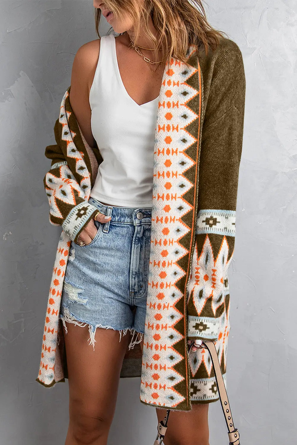 Brown Aztec Print Open Front Knitted Cardigan Dear-Lover Dropshipping