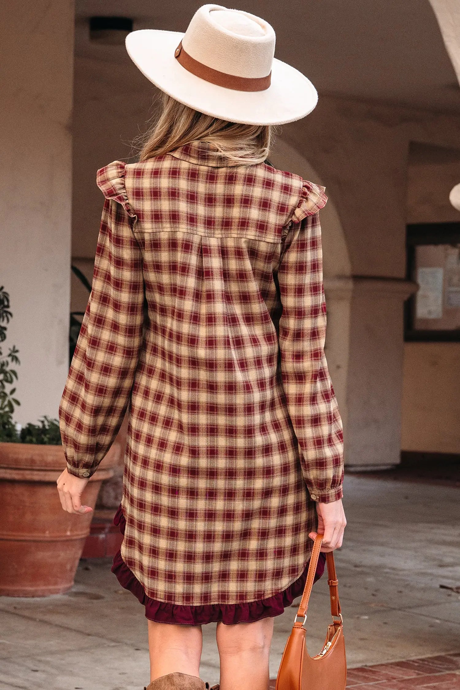 Red Plaid Print Ruffled Long Sleeve Patchwork Hem Mini Shirt Dress