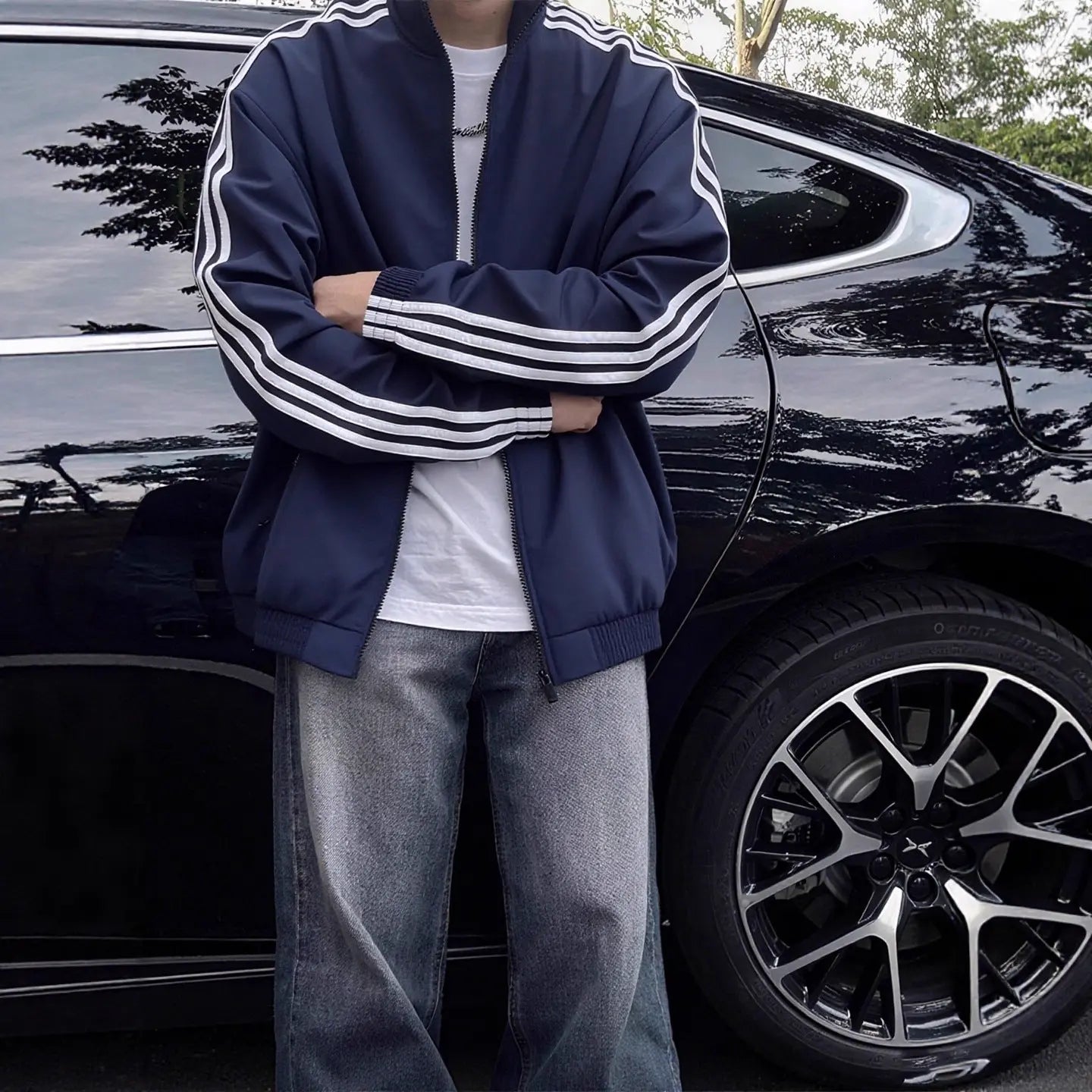 Style Three-Stripe Soft Shell Jacket for Men, Deep Blue Clean Fit Stripe Sport Coat Autumn Outdoor Wear Markonline