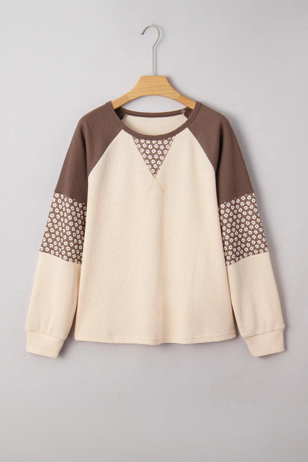 Brown Floral Print Patchwork Color Block Long Sleeve Top Markonline
