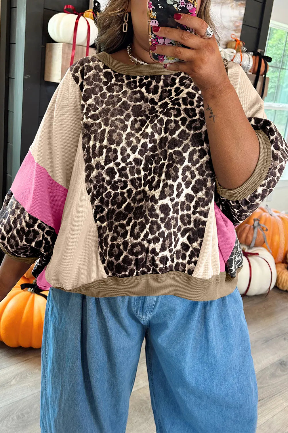 Brown Leopard Print Color Block Patchwork 3/4 Sleeve Loose Top Dear-Lover Dropshipping