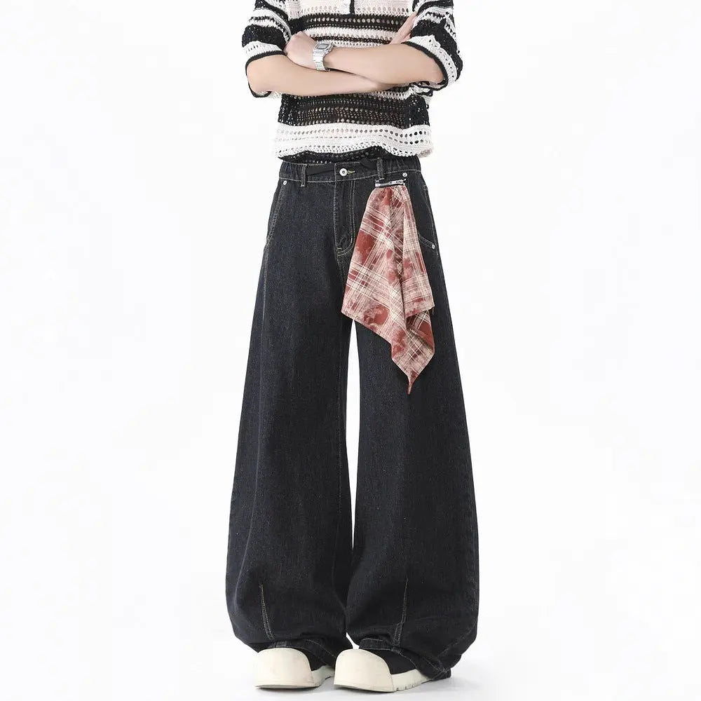 Retro Plaid Bandana Knife-Edge Denim Pants for Men Clean Fit Loose Wide Leg Straight Cut Pants
