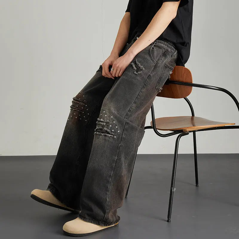 Vintage niche ripped straight leg washed denim jeans for men and women Markonline