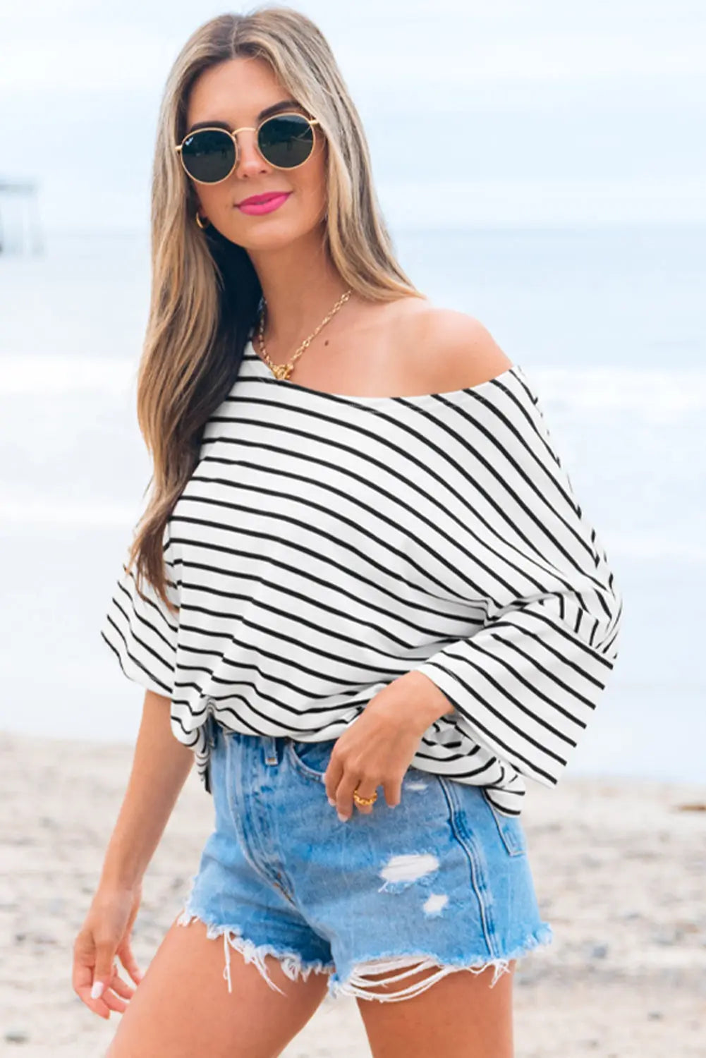 Black Stripe Half Sleeve Scoop Neck Loose Top Markonline