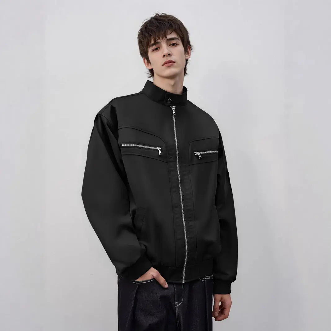 Street Vintage Multi-Pocket Zip-Up Stand Collar Jacket for Men Casual Loose  Biker Style Coat