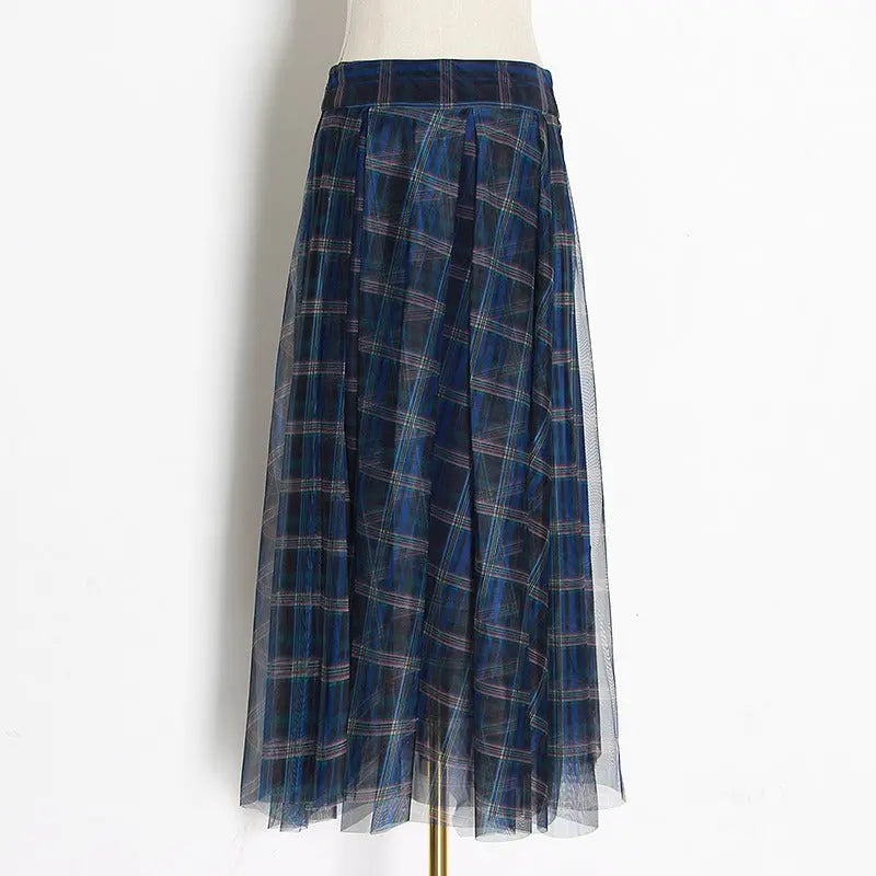 Blue plaid mesh skirt, multi-layer versatile A-line skirt for women Markonline