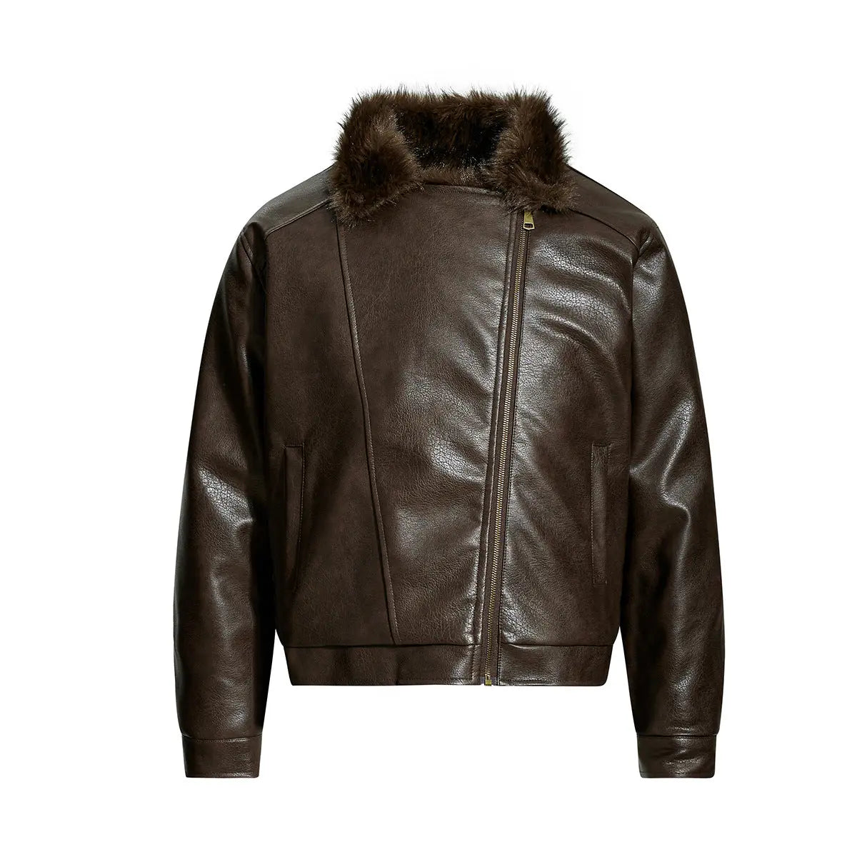 Fur-lined leather jacket motorcycle puffer coat