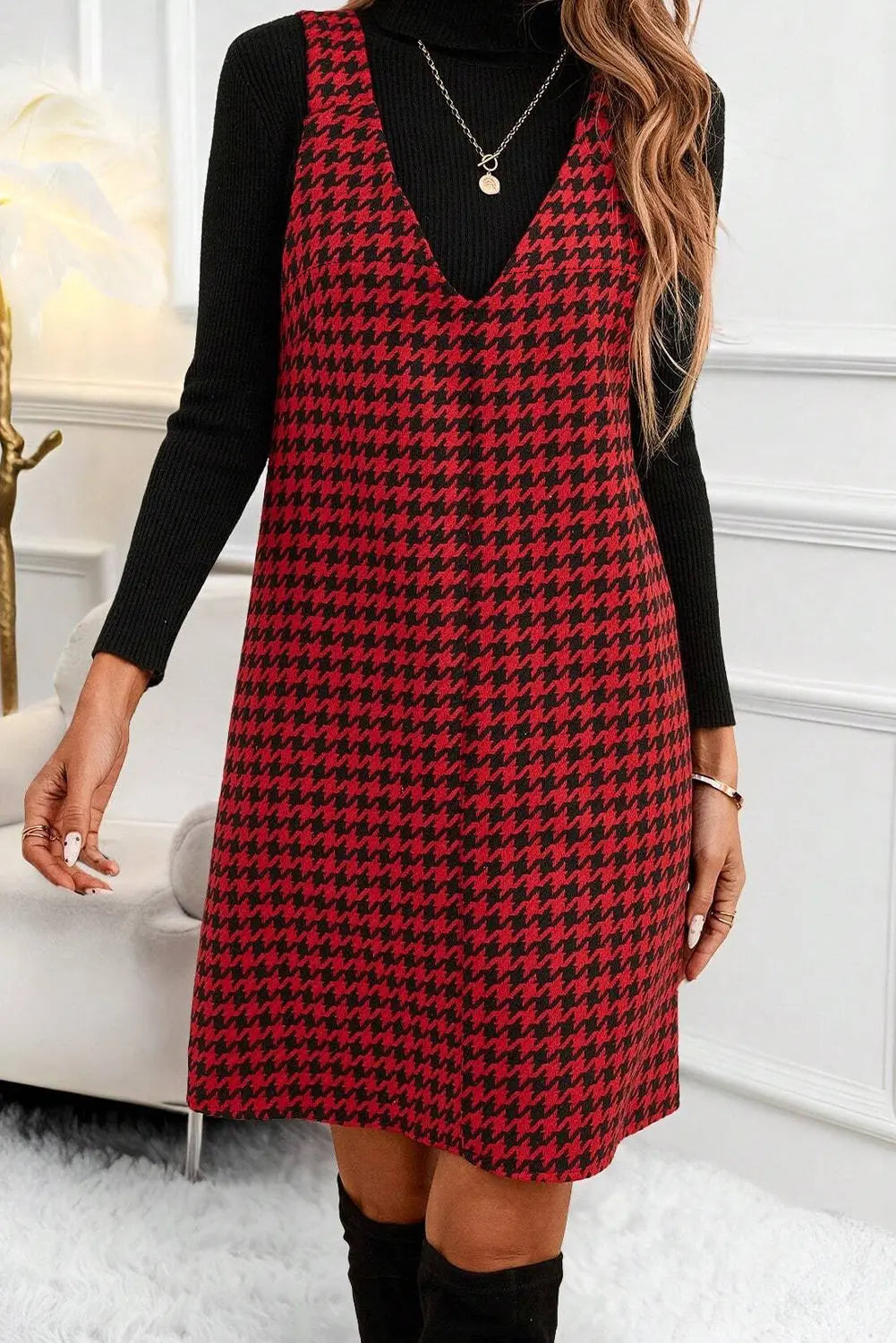 Red Houndstooth Print V Neck Sleeveless Mini Dress Markonline
