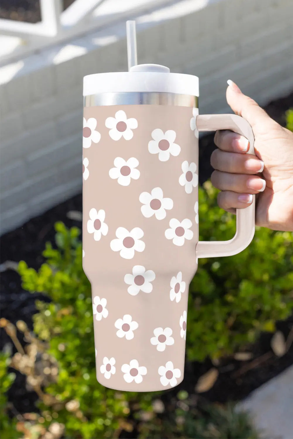 Parchment Floret Print Stainless Tumbler With Lid And Straw 40oz Dear-Lover Dropshipping