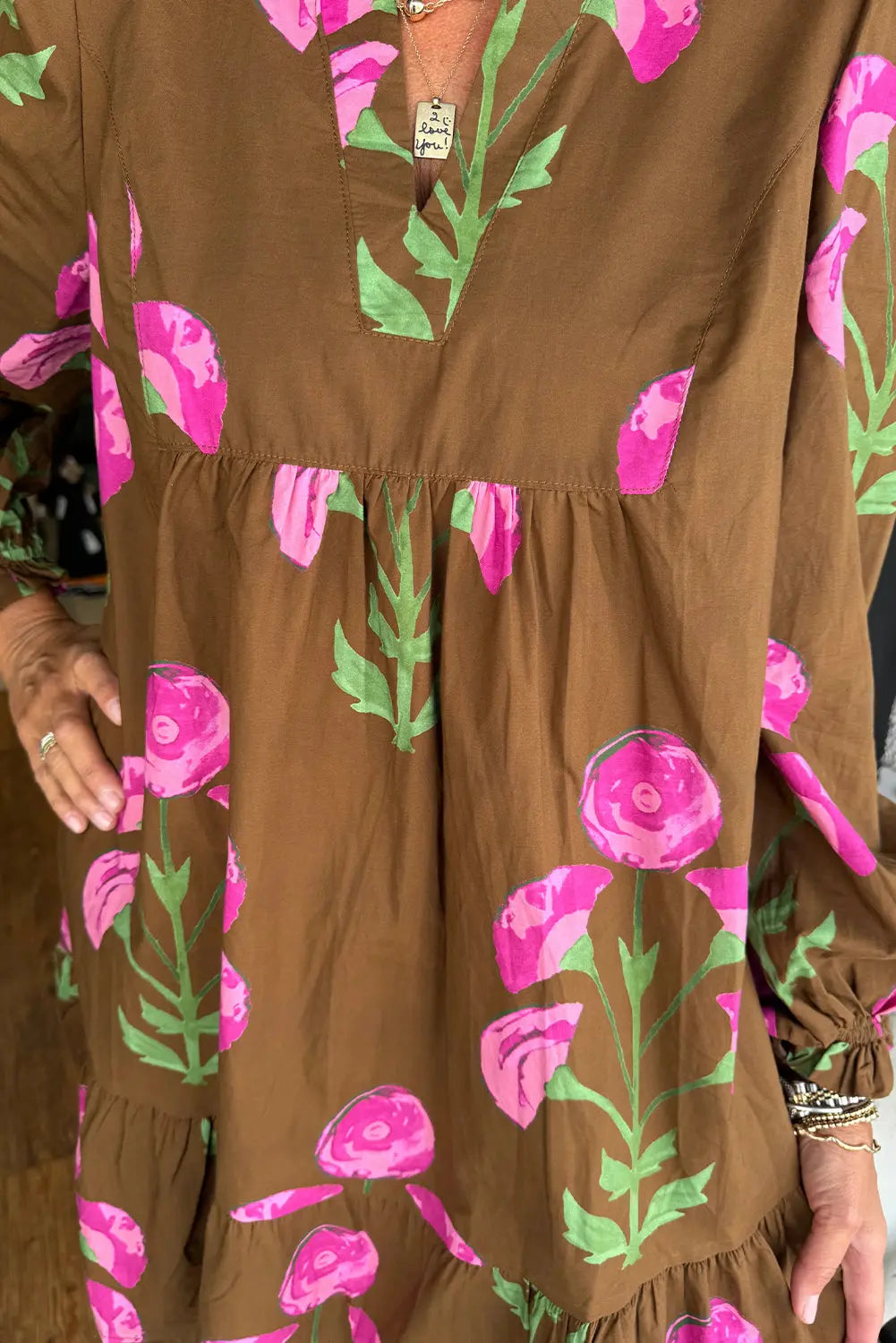 Brown Contrast Floral Print Babydoll Tunic Ruffled Hem Puff Sleeve Dress Markonline