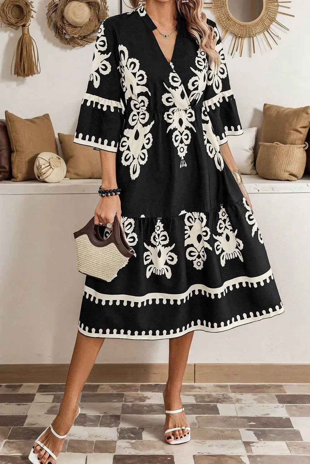 Black Western Geometric Print 3/4 Sleeve Loose Midi Dress Markonline