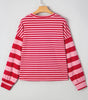 Strawberry Pink Mix Striped Drop Shoulder Patchwork Sleeve V Neck Pullover Dear-Lover Dropshipping