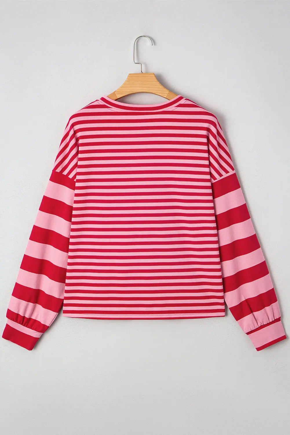 Strawberry Pink Mix Striped Drop Shoulder Patchwork Sleeve V Neck Pullover Dear-Lover Dropshipping