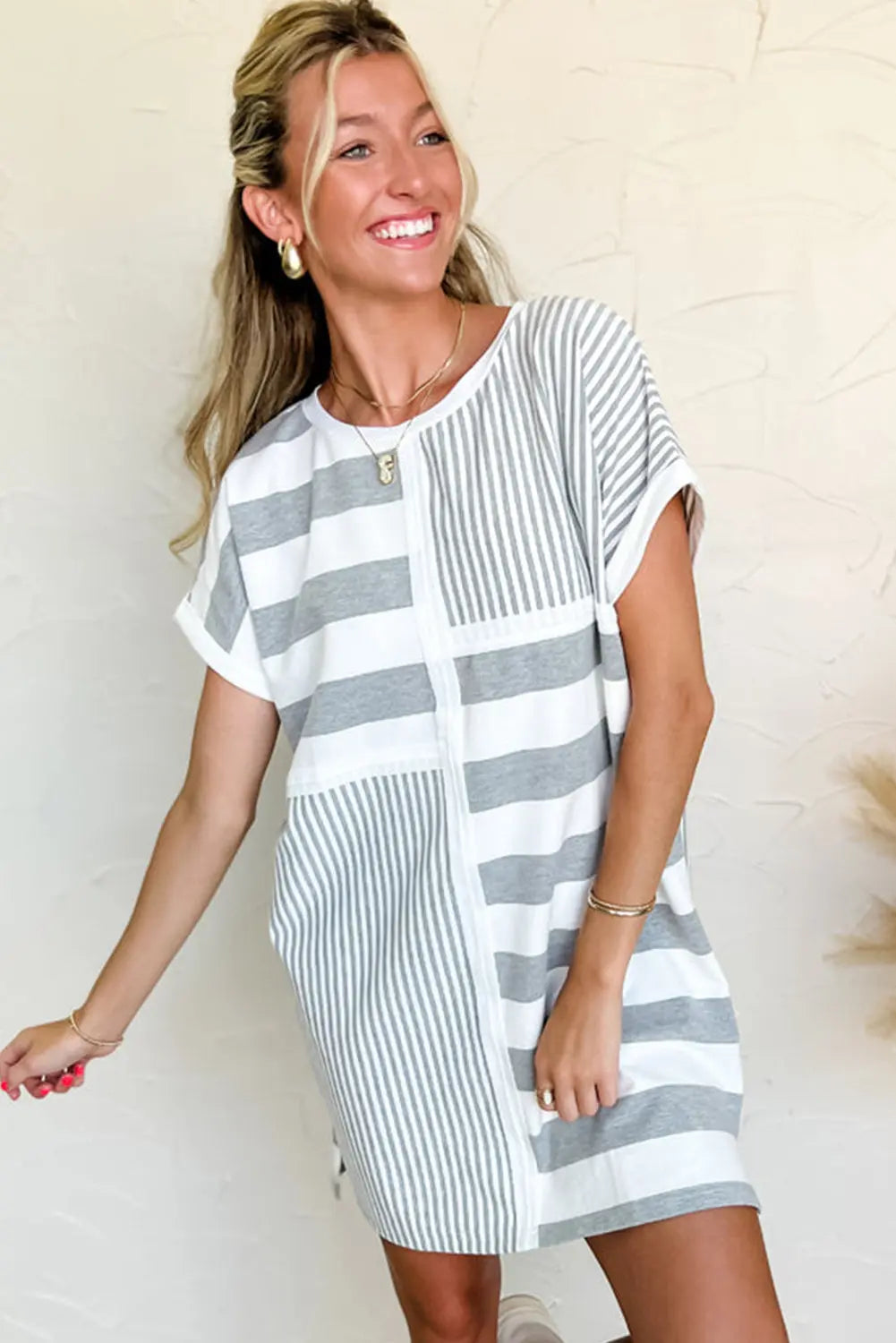 Gray Stripe Mixed Printed Short Sleeve Shift Mini T Shirt Dress Markonline
