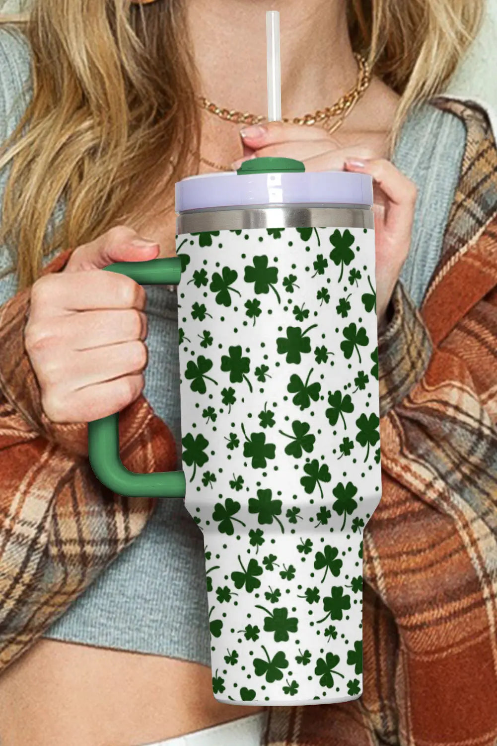 Dark Green Clover Print Thermos Cup with Handle 40oz Dear-Lover Dropshipping