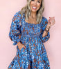 Blue Smocked Bodice High Waist Ruffled Sleeve Floral Dress Markonline