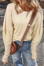 Beige Thermal Knit Patchwork Exposed Seam Long Sleeve Top Markonline