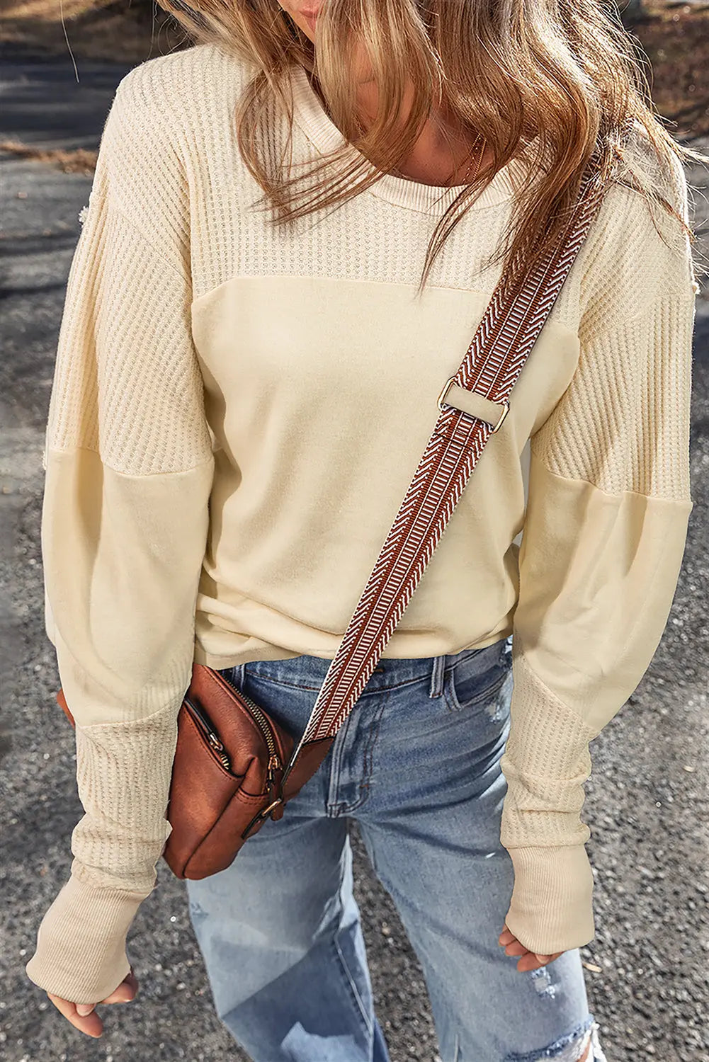Beige Thermal Knit Patchwork Exposed Seam Long Sleeve Top Markonline