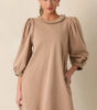 Light French Beige Braided Trim Puff Sleeve Dress Markonline