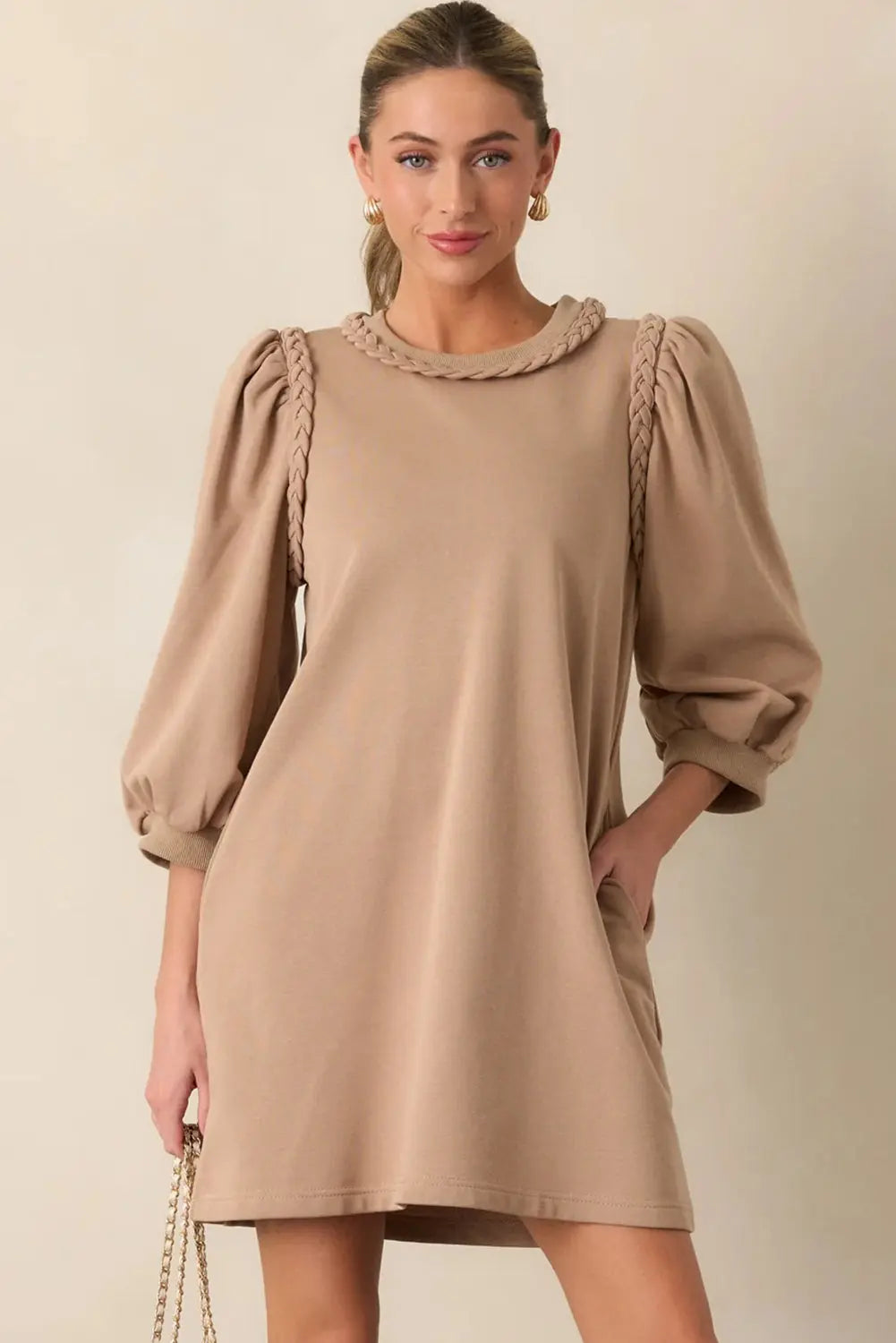 Light French Beige Braided Trim Puff Sleeve Dress Markonline