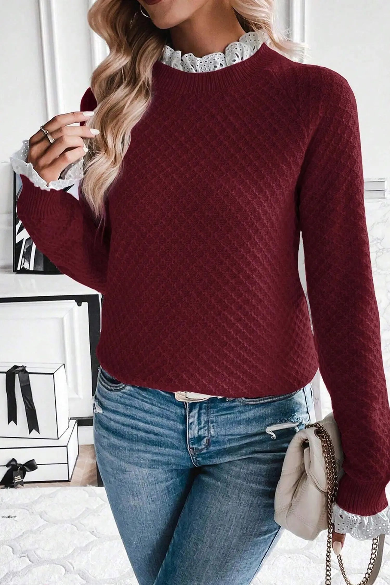 Burgundy Contrast Lace Frilled Trim Raglan Sleeve Sweater Dear-Lover Dropshipping