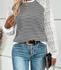 Black Stripe Textured Knit Contrast Hollowed Lace Patchwork Long Sleeve Top Dear-Lover Dropshipping