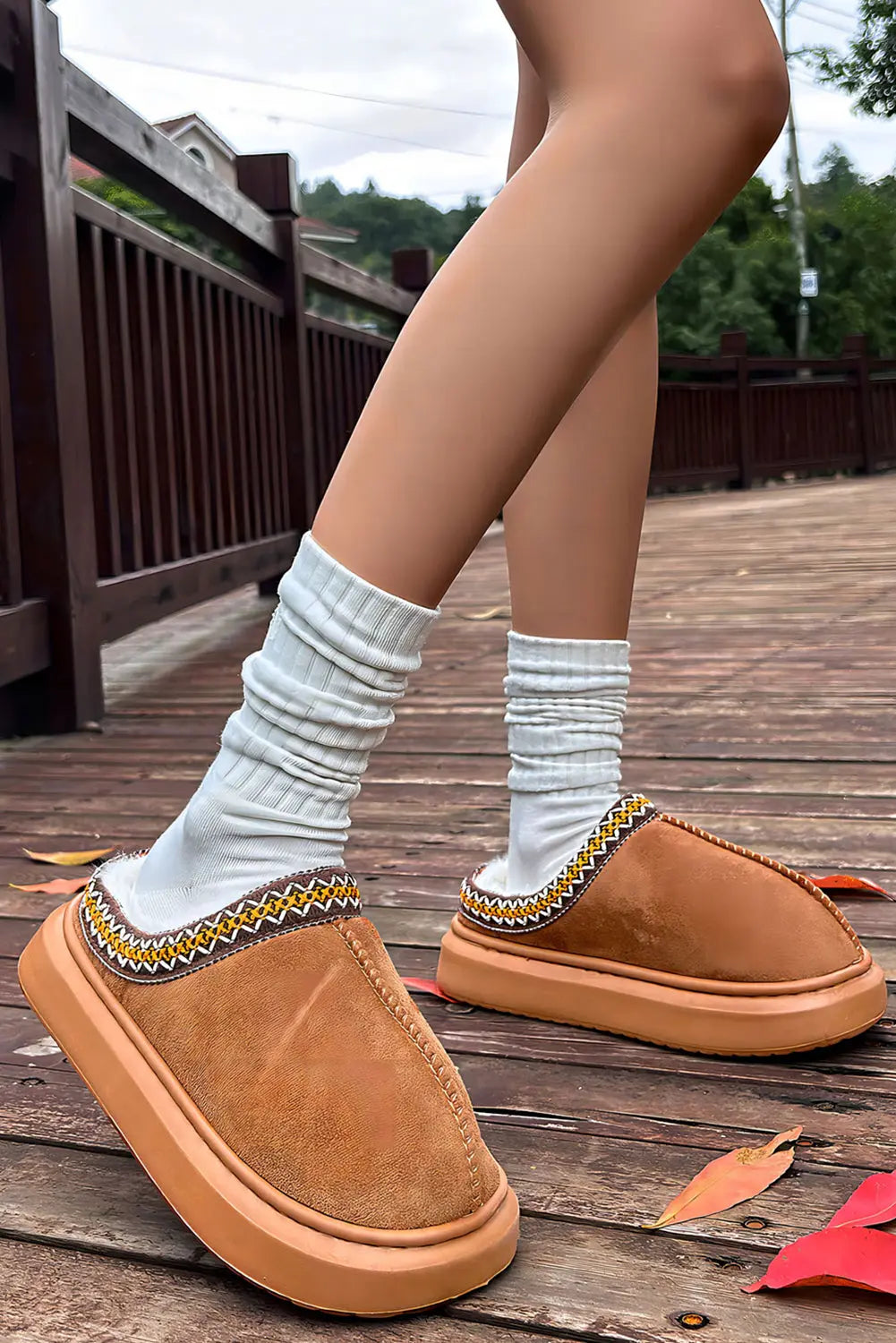 Chestnut Contrast Edge Suede Plush Lined Thick Sole Winter Slippers Markonline