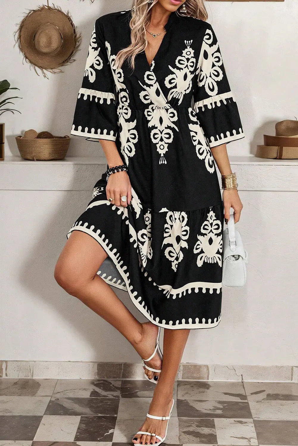 Black Western Geometric Print 3/4 Sleeve Loose Midi Dress Markonline