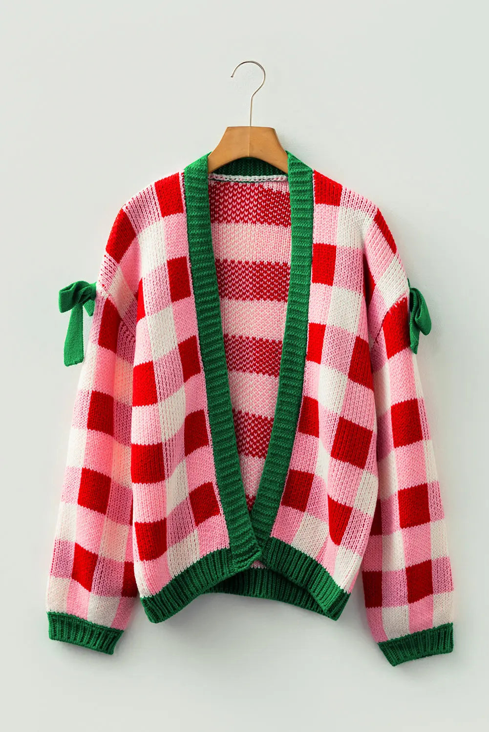 Pink Plaid Knit Bow Knot Decor Open Front Sweater Cardigan Dear-Lover Dropshipping