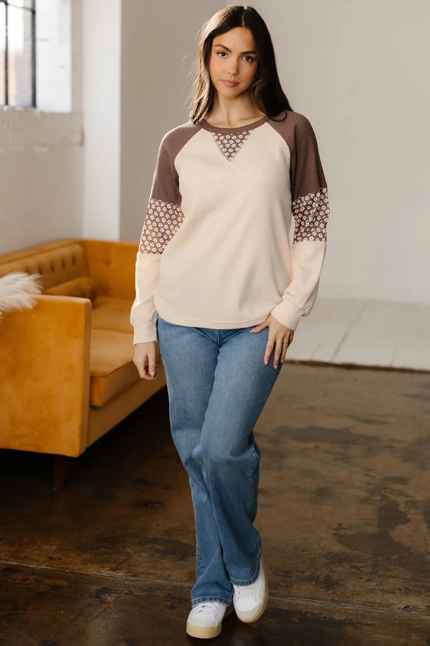 Brown Floral Print Patchwork Color Block Long Sleeve Top Markonline