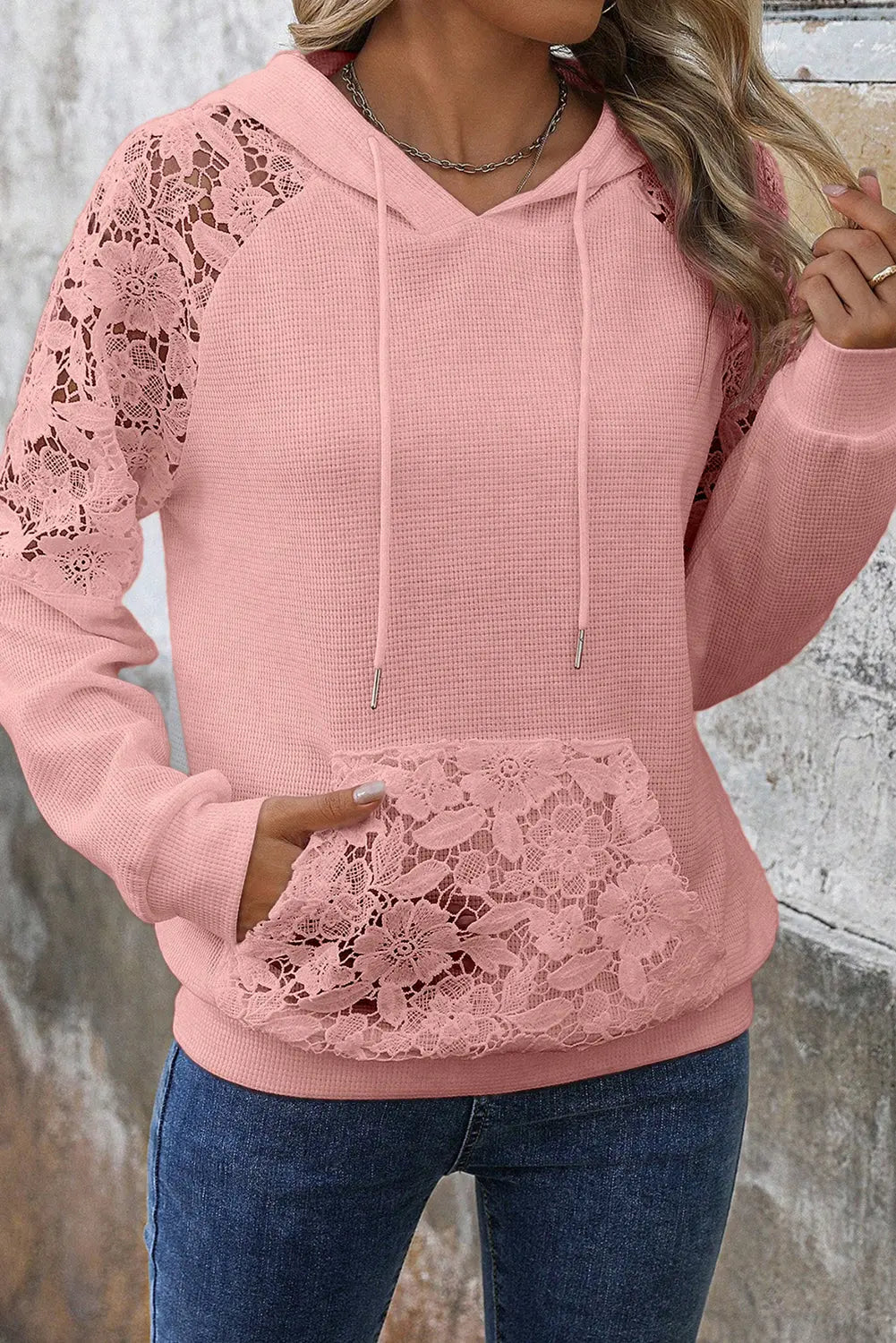 Gossamer Pink Lace Patchwork Raglan Sleeve Kangaroo Pocket Waffle Hoodie Dear-Lover Dropshipping