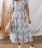 Sky Blue Smocked Bodice Short Puff Sleeve Tiered Floral Midi Dress Markonline
