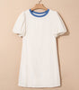 Beige Stripe Seersucker Contrast Round Neck Puff Sleeve T Shirt Dress Markonline
