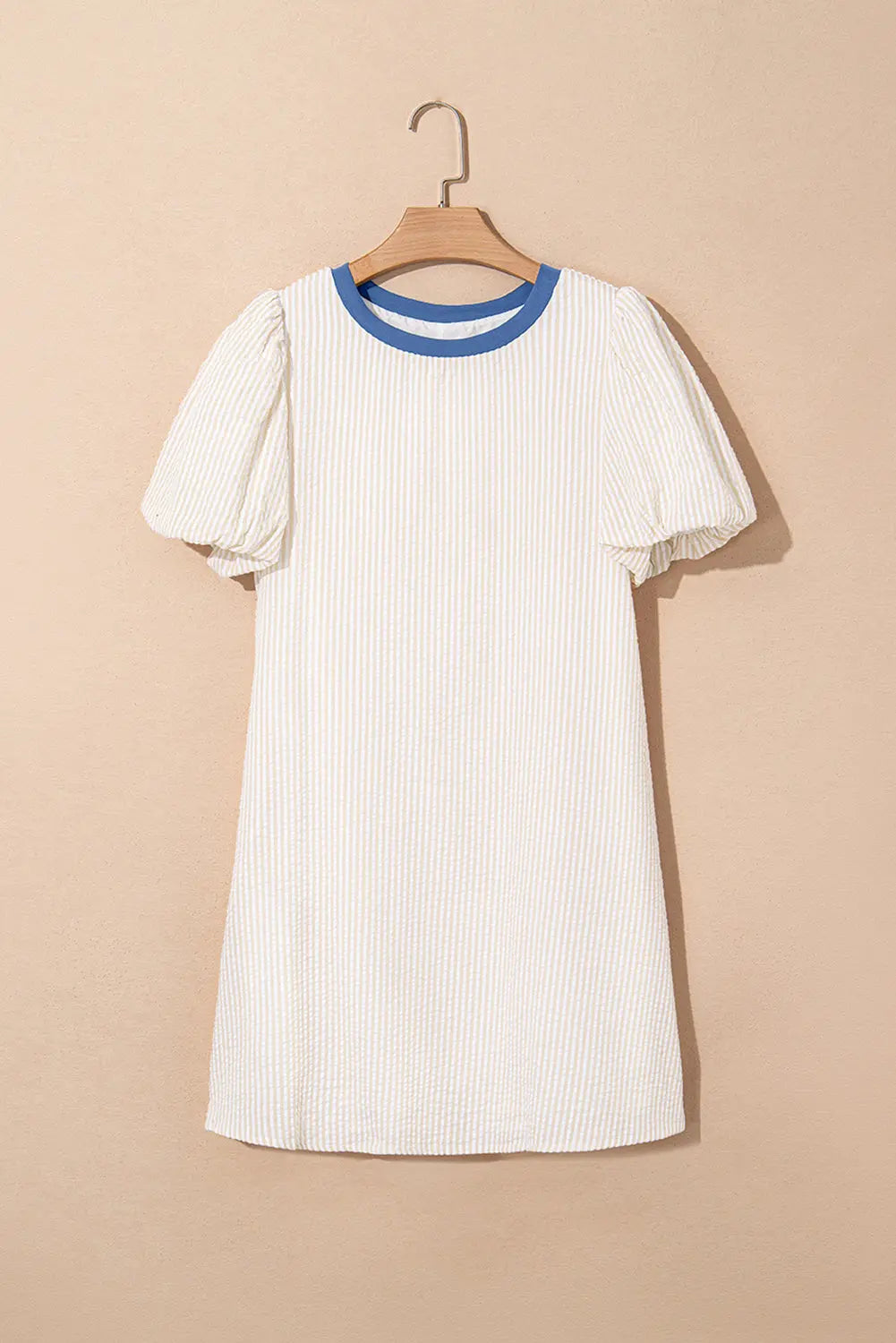 Beige Stripe Seersucker Contrast Round Neck Puff Sleeve T Shirt Dress Markonline