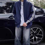 Style Three-Stripe Soft Shell Jacket for Men, Deep Blue Clean Fit Stripe Sport Coat Autumn Outdoor Wear Markonline