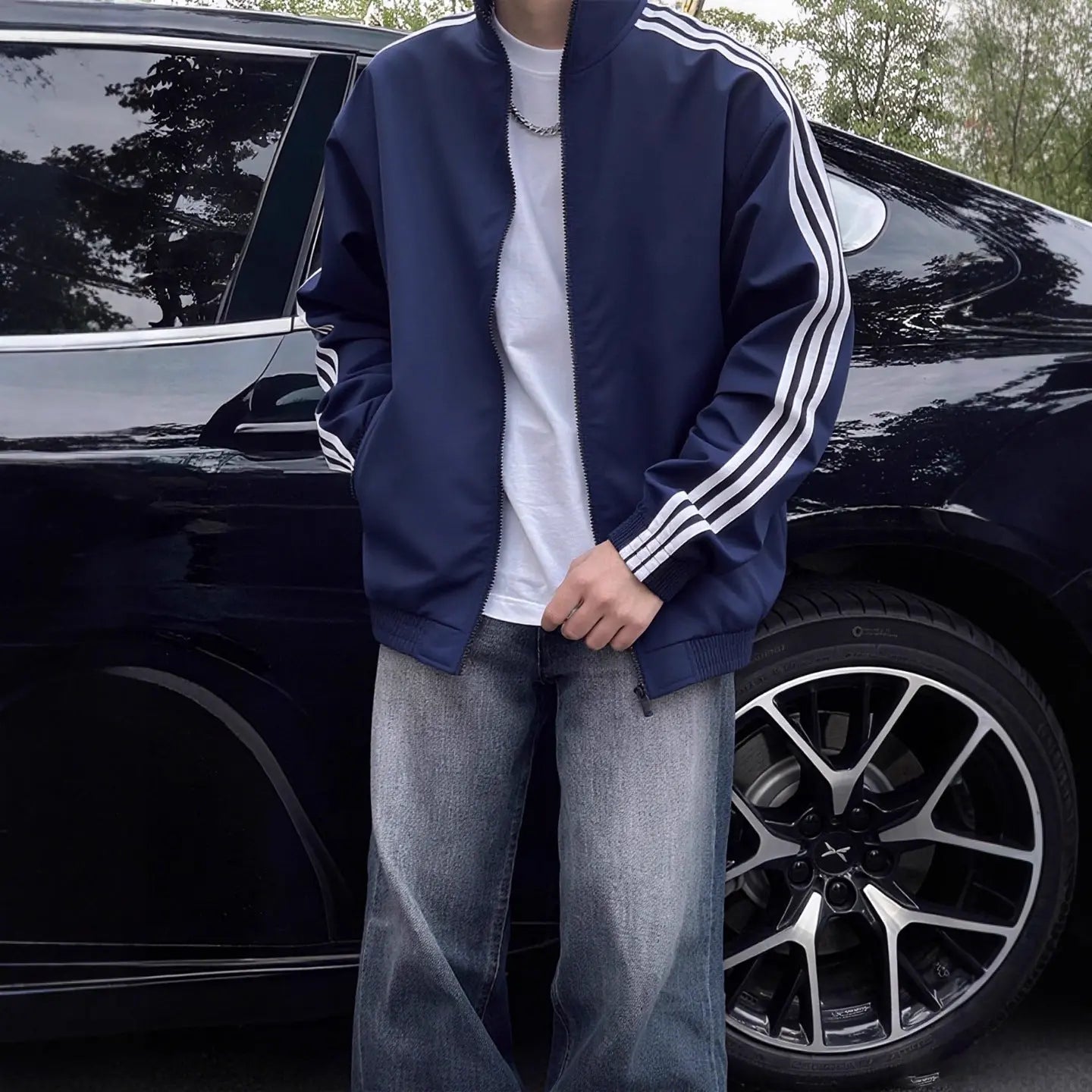 Style Three-Stripe Soft Shell Jacket for Men, Deep Blue Clean Fit Stripe Sport Coat Autumn Outdoor Wear Markonline