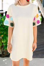 White Floral Crochet Splicing Sleeve T Shirt Dress Markonline