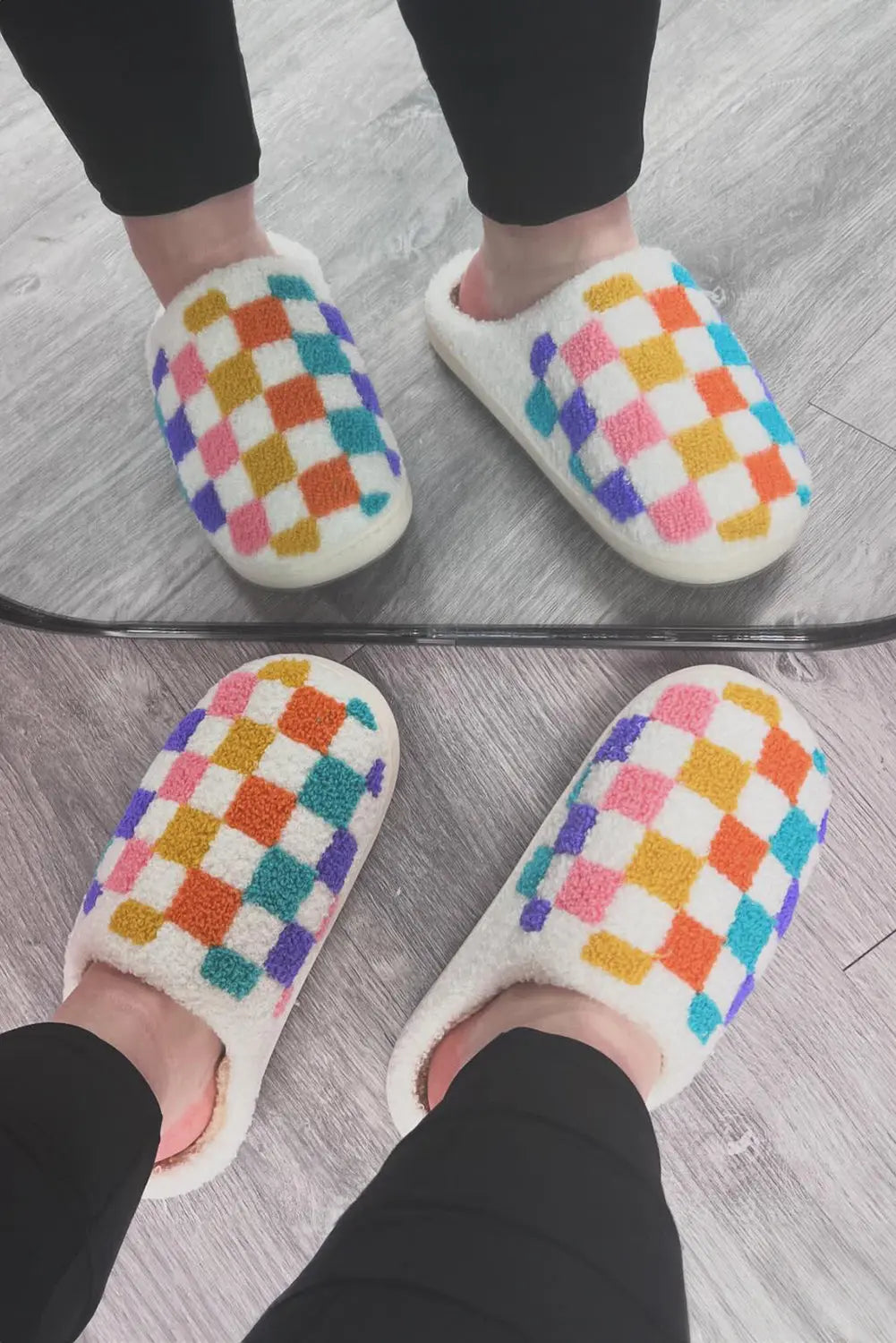 White Vibrant Checkered Plush Thermal Slippers Markonline