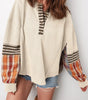 Beige Waffle Stripe Plaid Patchwork Henley Knit Top Markonline
