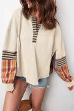 Beige Waffle Stripe Plaid Patchwork Henley Knit Top Markonline
