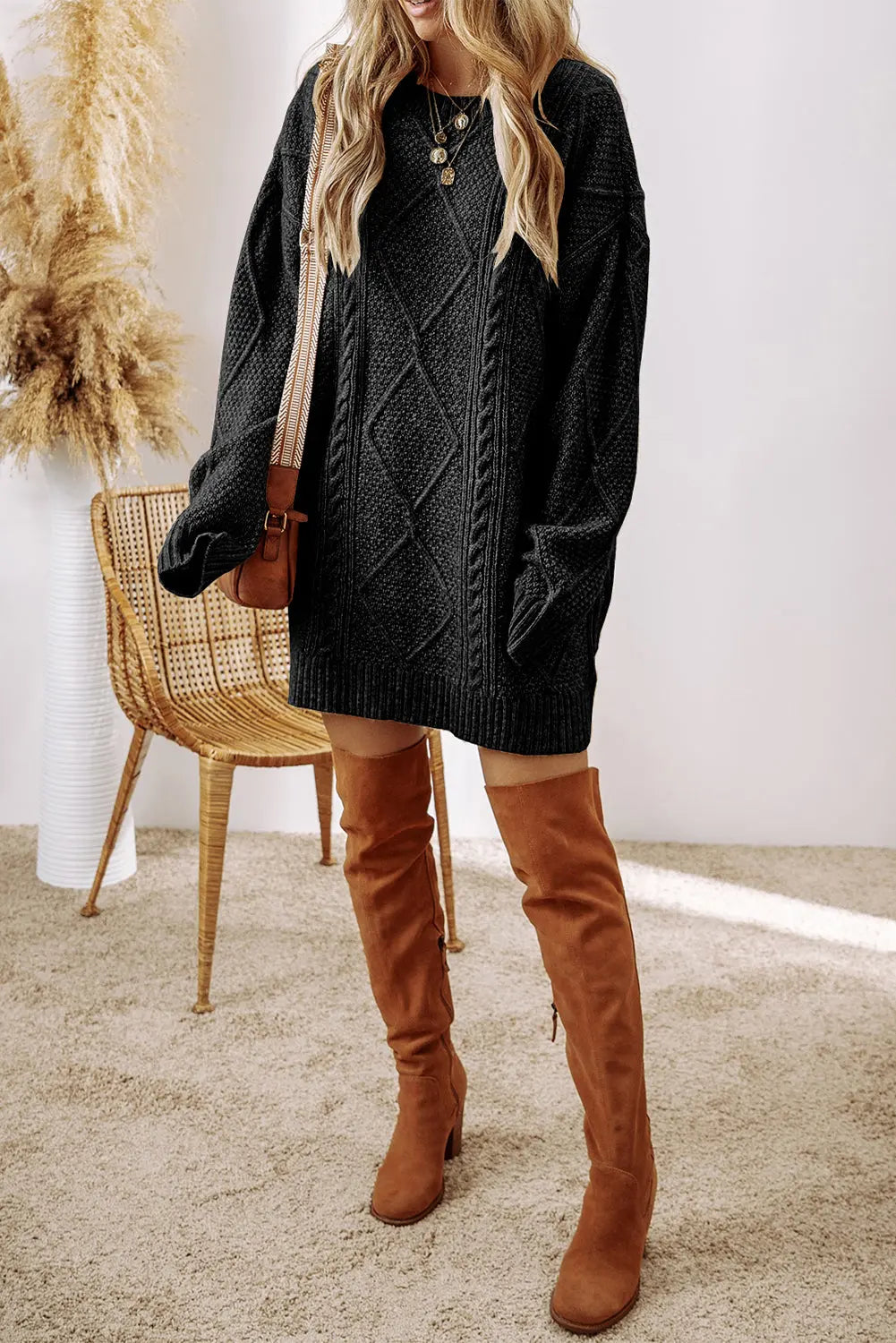 Black Cable Knit Drop Shoulder Loose Fit Sweater Dress Dear-Lover Dropshipping
