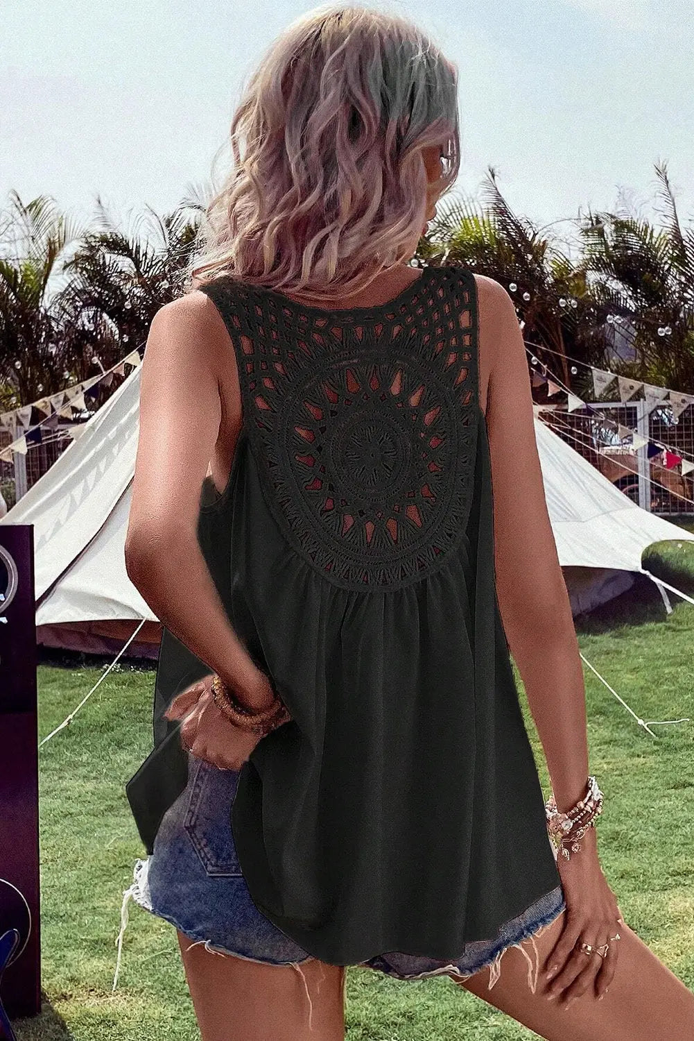 Black Bohemian Crochet Patchwork Sleeveless Tunic Markonline
