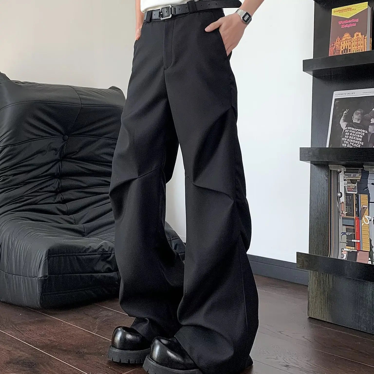 Black pleated paratrooper casual pants for men and women Markonline