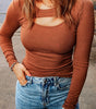Brown Ribbed Peekaboo Cutout Long Sleeve Top Dear-Lover Dropshipping