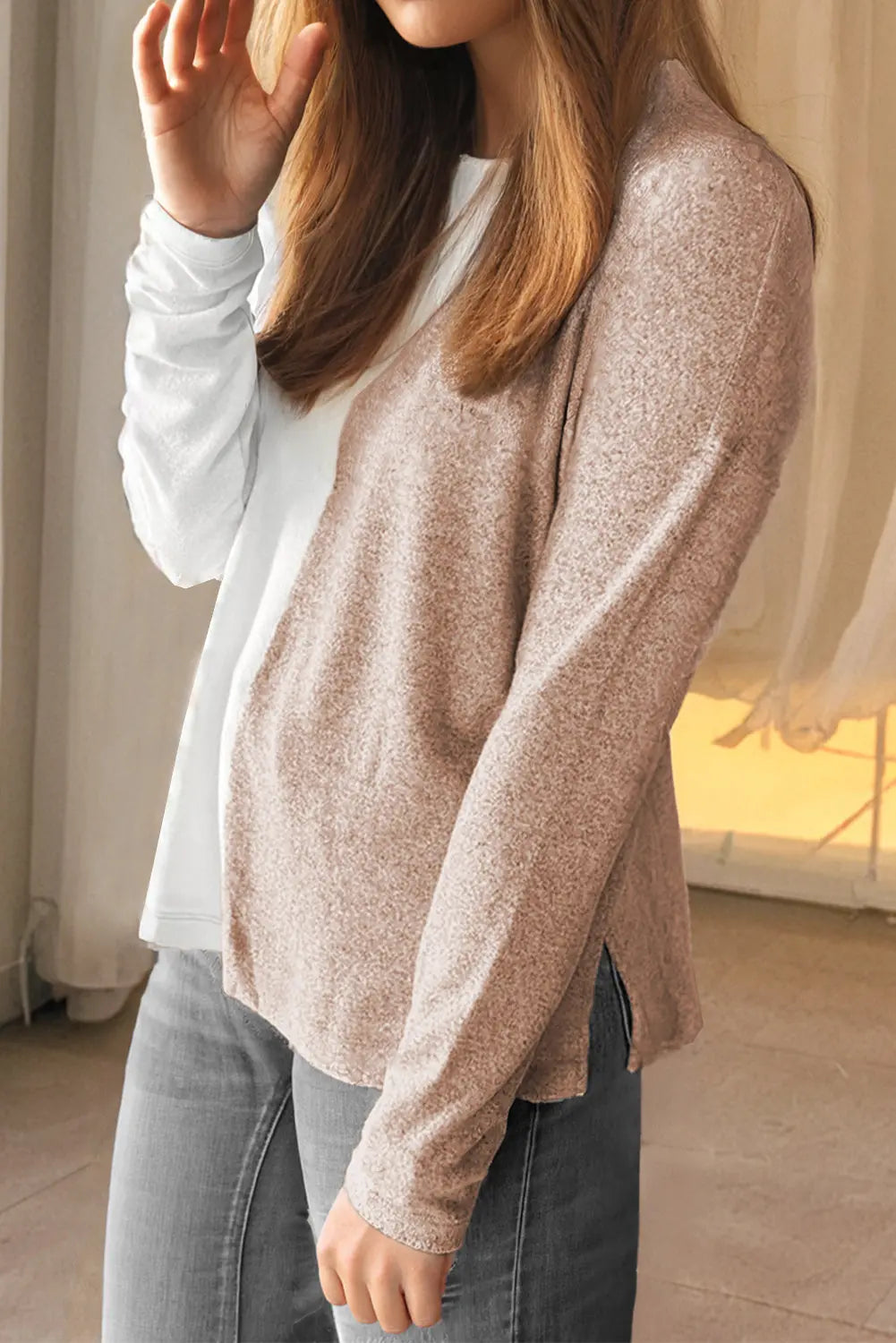 Khaki Colorblock Long Sleeve Crew Neck Top Dear-Lover Dropshipping