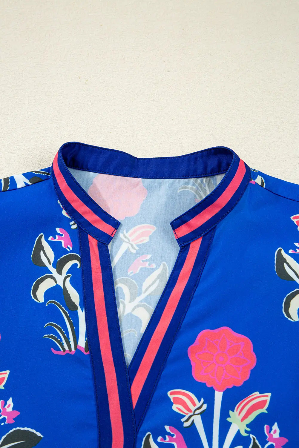 Sky Blue Floral Print Contrast Striped Trim Notched Neck Long Sleeve Dress Markonline