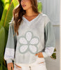 Green Floral Patched Waffle Textured Colorblock V Neck Casual Hooded Top Markonline