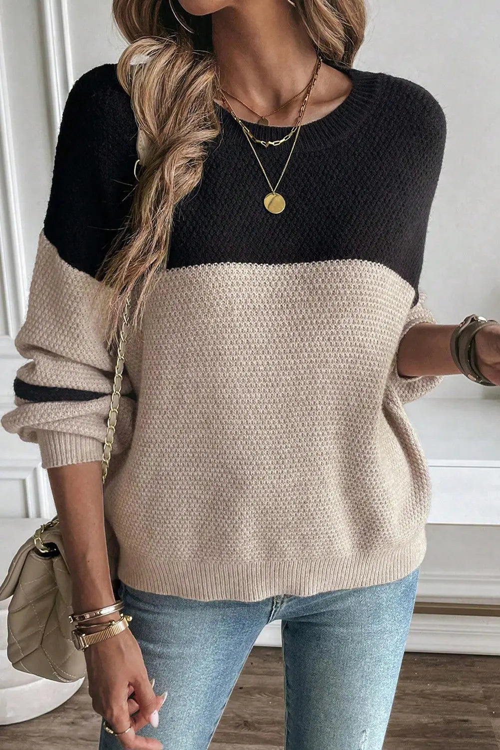 Parchment Color Block Knit Striped Sleeve Detail Casual Sweater Dear-Lover Dropshipping