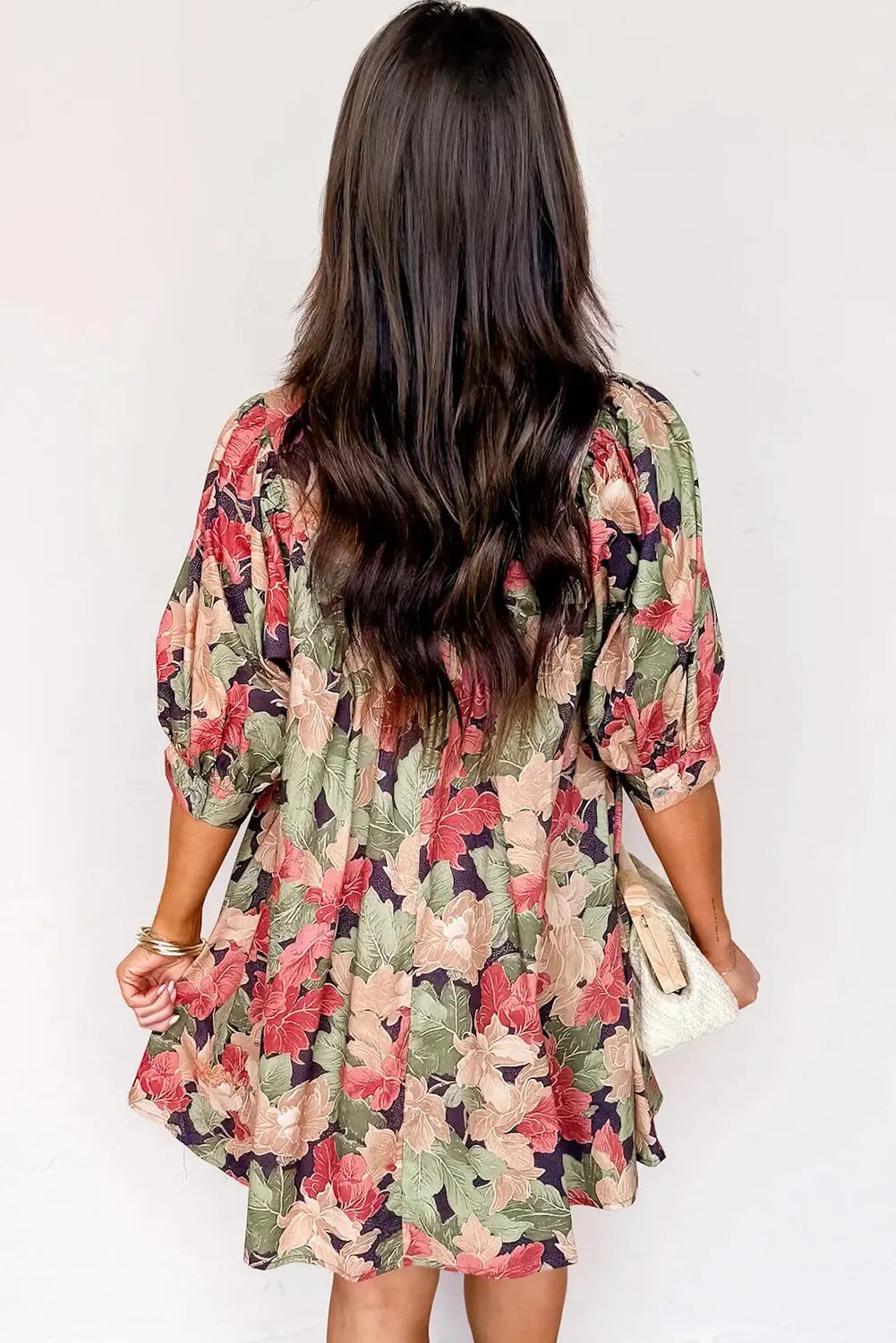 Green Floral Print Frilled Collar V Neck Half Sleeve Mini Dress Markonline