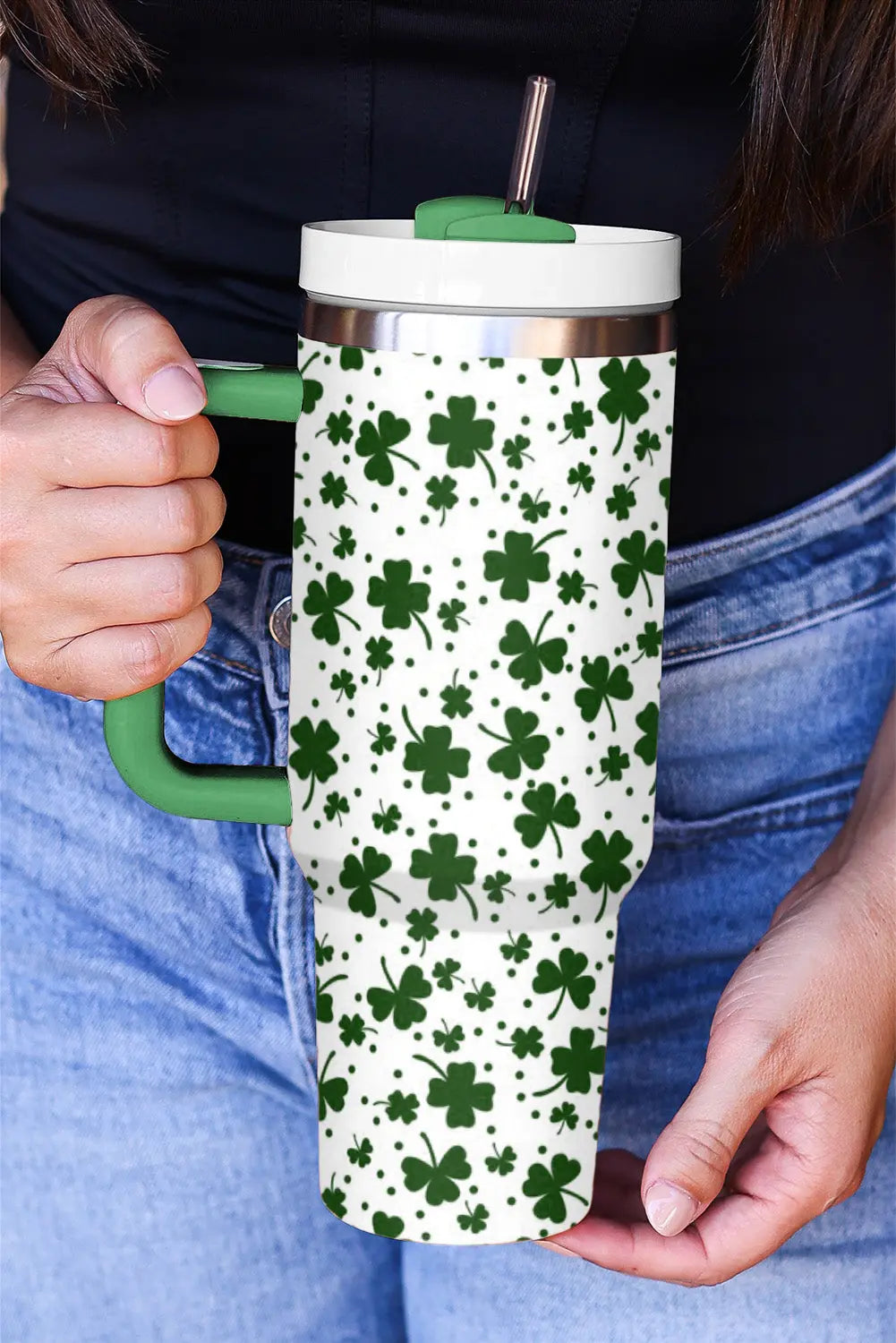 Dark Green Clover Print Thermos Cup with Handle 40oz Dear-Lover Dropshipping